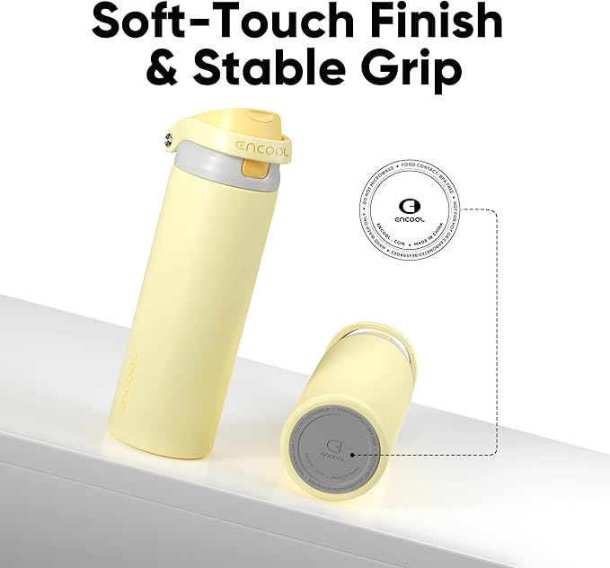 ENCOOL Leakproof Insulated Water Bottle with Straw Dual-Sip Water Bottle Bag-Safe Design for Work, Commute & Gym – Keeps Drinks Cold All Day, 24 oz, Butter Yellow ENCOOL