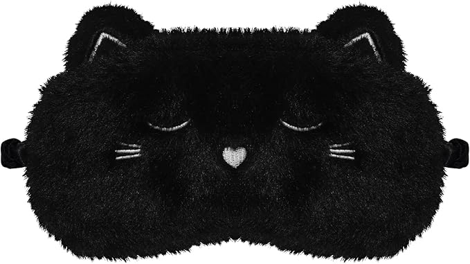 Cute Cat Sleeping Mask Eye Mask Funny Animal Kitten Sleep Mask Soft Plush Blindfold Travel Eye Cover Eyeshade for Kids Adults Girls Boys Women Men (Cat, Black) - Bloomnest