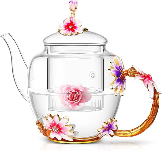 Luka Tech 35OZ Enamel Glass Flower Teapot With Removable Loose Tea Leaf Infuser Tea Maker,Gifts For Women,Mom,Mothers Day,Christmas,Birthday,Valentines Day