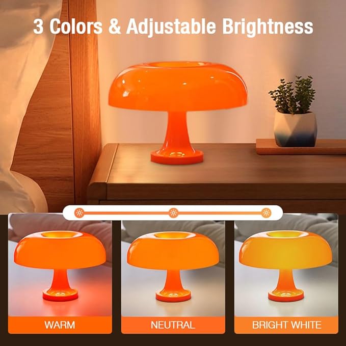 Retro Orange Mushroom Lamp for Bedroom Nightstand Mid Century Modern Table Lamp Decor Aesthetic Lighting Dimmable Mushroom Shaped Donut Bedside Lamp with 3 Lighting Modes, Minimalist Home Decor - Bloomnest