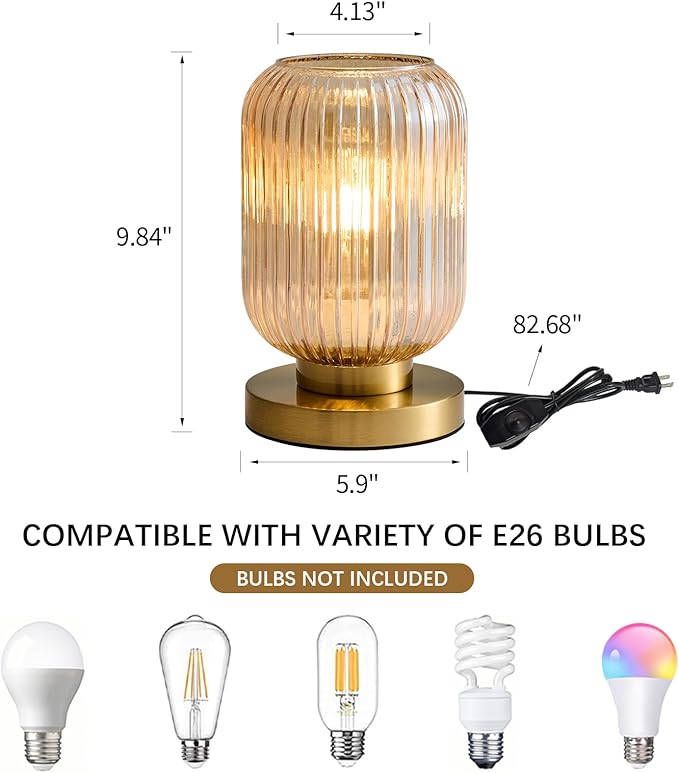 Glass Table Lamps Mid Century Modern Globe, Dimmable Amber Glass Table Lamp for Nightstand, Small Gold Table Lamp, Amber Pumpkin Design Ribbed Vintage Bedside Lamp for Bedroom Living Room Office - Bloomnest