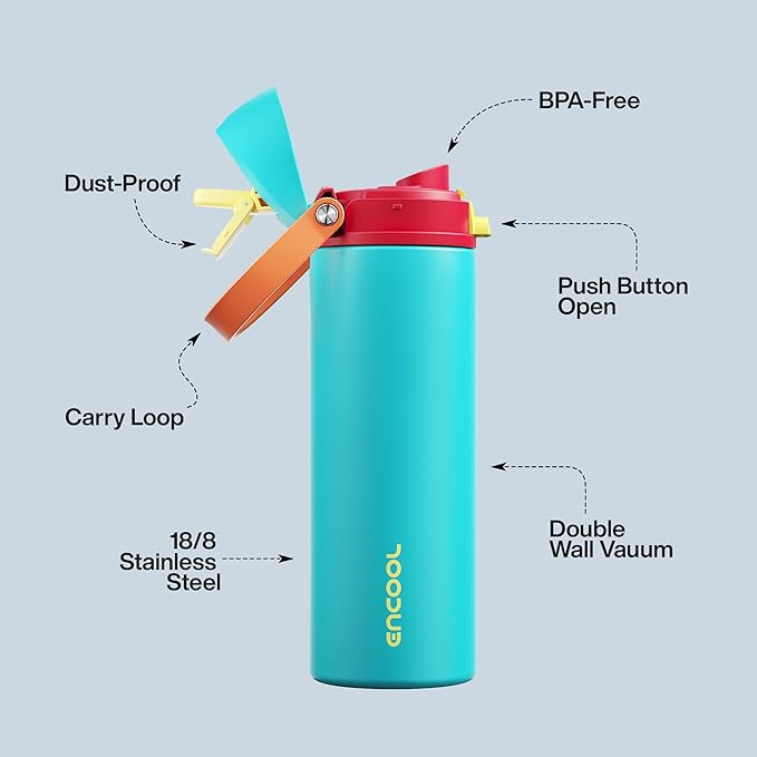 Insulated Water Bottle with Straw - Encool Stainless Steel Water Bottle with Push Button Lid, Leak-Proof & BPA-Free, Keeps Cold for 24 Hours for Sports, Travel, Gym (24 oz, Cerulean Blue) ENCOOL