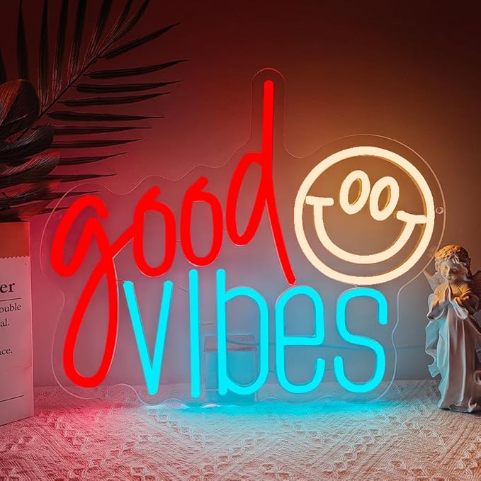 Good Vibes Neon Sign, Smile Face LED Neon Light for Wall Decor Good Vibes Light Up Lamp for Bedroom Dorm Game Room Wall Art Party Decorations Gift USB Powered(14.2"*11.8") - Bloomnest