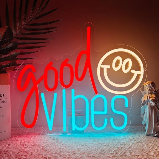 Good Vibes Neon Sign, Smile Face LED Neon Light for Wall Decor Good Vibes Light Up Lamp for Bedroom Dorm Game Room Wall Art Party Decorations Gift USB Powered(14.2"*11.8") - Bloomnest