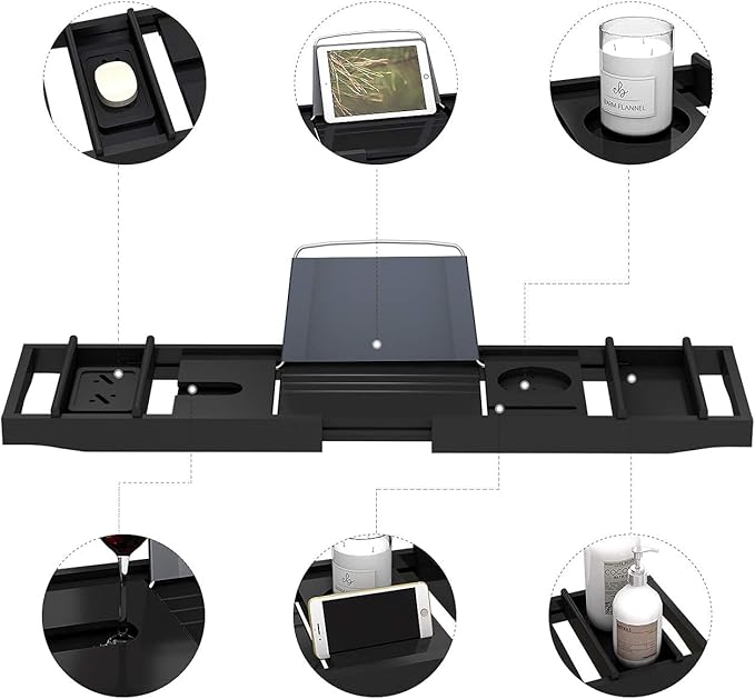 Domax Bathtub Caddy Tray Expandable Bamboo Tub Tray for Luxury Bath with Book Holder and Free Soap Dish Black - Bloomnest