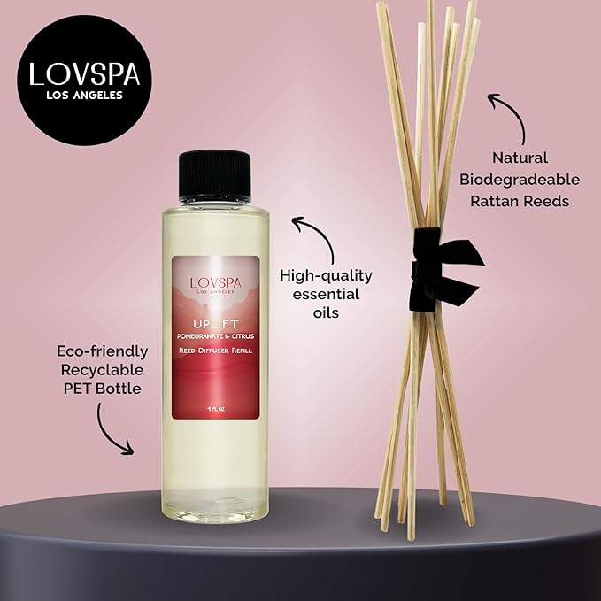 LOVSPA Uplift Pomegranate Citrus Diffuser Oil - Luxury Essential Oils for Diffuser Refill & Air Freshener Room Spray - Long-Lasting & Natural Home Fragrance, Scented Oil for Diffusers, USA Made, 4oz - Bloomnest