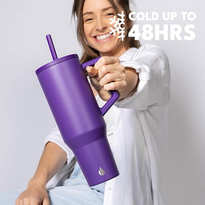 Elemental 40 oz Tumbler with Handle and Straw - Spill Proof Insulated Stainless Steel Commuter for Hot and Cold Beverages - Travel Coffee Mug with 2 Straws & Spill Proof Lid - 40oz - Purple - Bloomnest