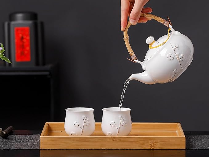 Japanese Tea Set, White Porcelain tea set with 1 Teapot(23 oz/660ml), 6 Tea cups(5.3 oz/150ml), 1 Tea Tray, Golden plum blossom relief, Asian tea sets for adults (Golden plum-White) - Bloomnest