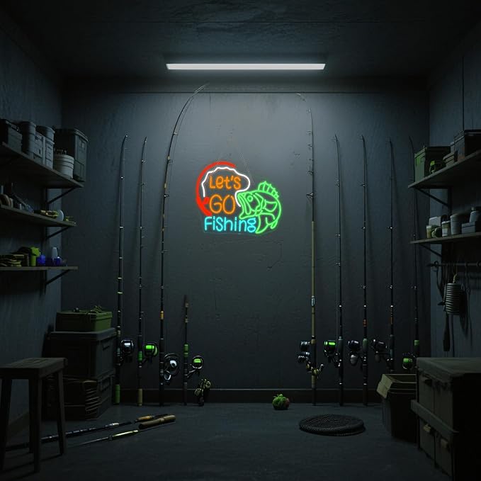 Lucunstar Let's Go Fishing Neon Sign Dimmable Fish Neon Light for Wall Decor LED USB Powered Fishing Hook Lights for Bedroom Living Room Man Cave Yacht Decor Men Gifts - Bloomnest