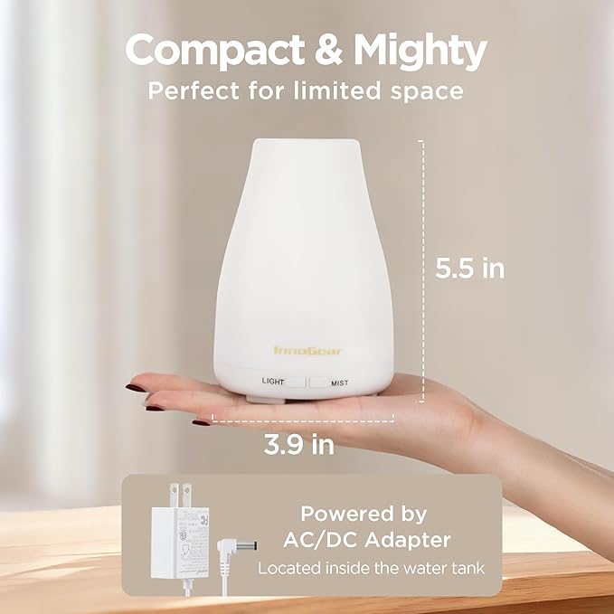 InnoGear Essential Oil Diffuser, 2 Pack Ultrasonic Diffusers for Home Aromatherapy Humidifier for Bedroom Room 7 Colors LED 2 Mist Mode Auto Off, Basic White - Bloomnest