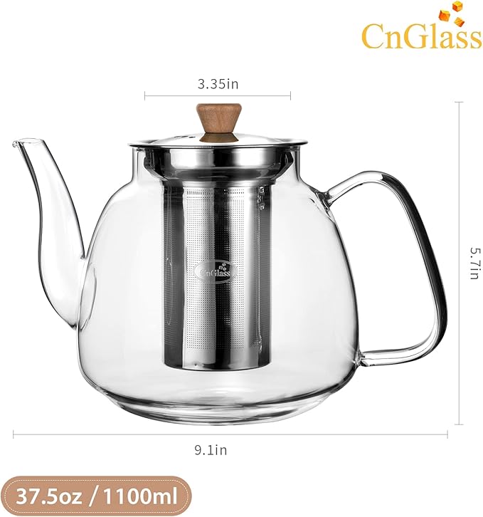 CNGLASS Glass Teapot with Infuser(37.5oz),Clear Tea Kettle with Removable Stainless Steel Strainer,Stovetop Safe Glass Teapot for Blooming and Loose Leaf Tea - Bloomnest