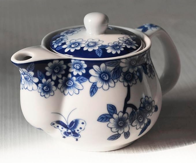 Small Porcelain Teapot, 9oz Tea Pot with Stainless Steel Infuser Classical Chinese Penoy Flower (Love of Butterfly)