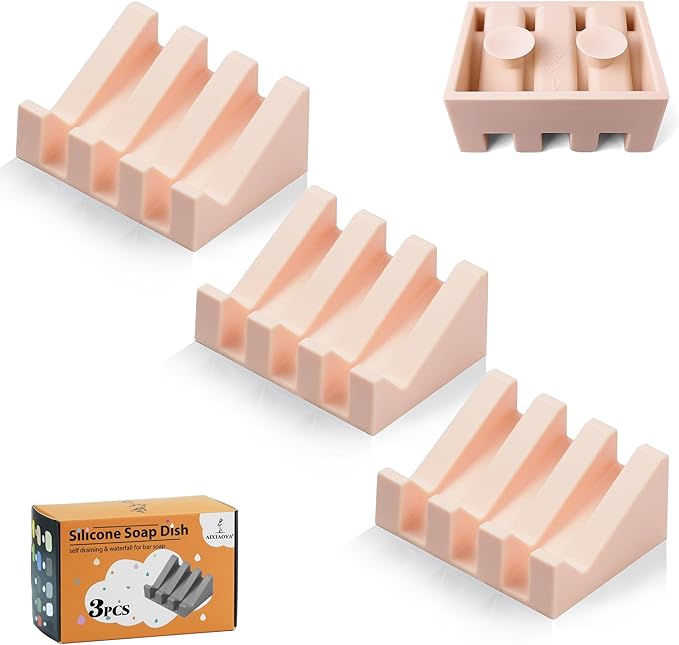 Silicone Soap Dish with Drain, Upgrade Double Suction Cups at The Bottom for Anti-Slip and Stability, Soap Dish Shower Waterfall Bar Soap Holder Tray with Drain Soap Holder (3, Pink) - Bloomnest
