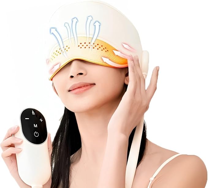 Head Massager, Scalp and Eye Massager with Heat, Head Massager Scalp Stress Relax, Migraine Caps for Women, Excedrin Tension Headache Massager for Forehead and Temple (Beige) CYTJ