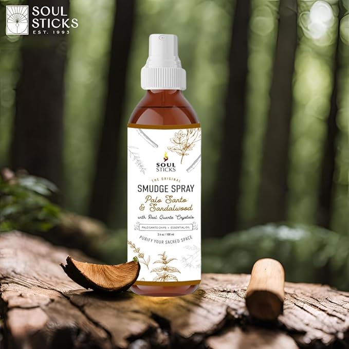 SOUL STICKS Palo Santo & Sandalwood Smudge Spray For Cleansing and Negative Energy | 3.5oz Palo Santo Spray with Real Quartz Crystals | Sage Room Spray for Spiritual Cleansing and Purifying Home Car SoulSticks