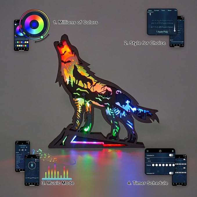 3D Wooden Animal Carving Multi-Color LED Night Light, Wood Carving Light, Modern Home Decoration, Decorative Tables, Cabinets, Living Rooms, Bedrooms, Offices, Farmhouses, Bookshelves, Perfect Gifts - Bloomnest