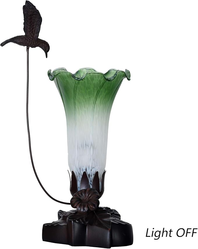 Bieye LL05 Hummingbird Flying Over Lily Flower Blown Glass Table Lamp for Home Decor (White Green, 4.25Wx12H)