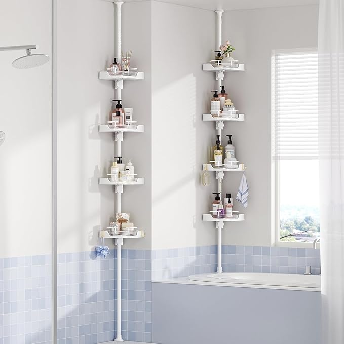 360° Rotating Corner Shower Caddy Tension Pole Organizer - 4-Tier Adjustable Rustproof Metal Pole, Plastic Shelves with Safety Guardrail, Bathroom Storage for Shower & Bathtub(White) - Bloomnest