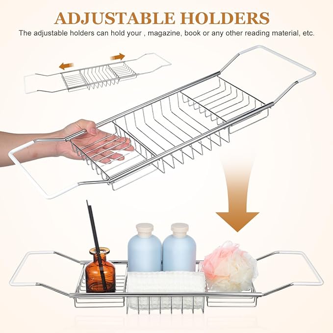 Cabilock Bathtub Tray - Stainless Steel Bathtub Caddy, Expandable Extra Wide Bath Tub Organizer, Rust-Resistant Over The Tub Shelf Rack with Non-Slip Grips for Phone Book Wine Glass, Silver - Bloomnest