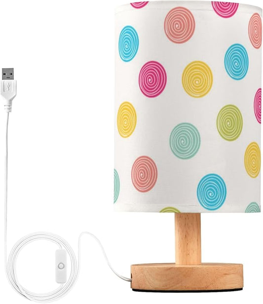 Table Lamp Summer Polka Dot Pattern Nightstand Lamp with Wood Base Fabric Lamp Shade Bedside Desk Lamp for Living Room Bedroom Kids Room Office - Bloomnest