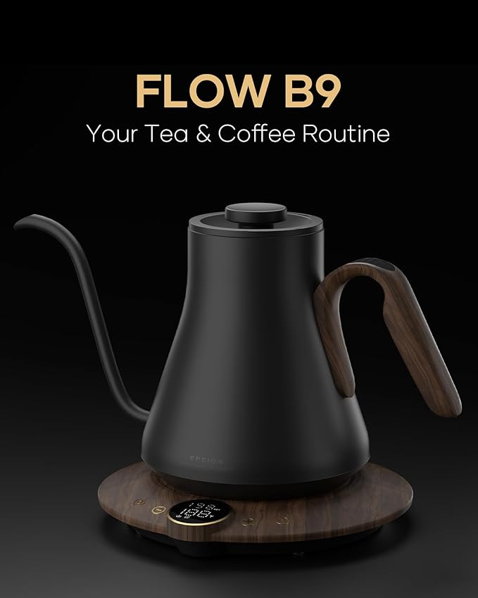 Cocinare FLOW B9 Gooseneck Electric Kettle, Precise Temperature Control for Pour-Over Coffee & Tea Brewing, Stainless Steel Interior, Rapid Heating for Boiling Water 1500W/0.9L (Obsidian Black) - Bloomnest