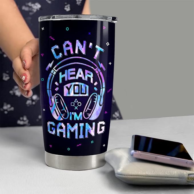 SANDJEST Personalized Gamer Tumbler Can't Hear You I'm Gaming 20oz 30oz Tumbler with Lid Gift for Boys Men Game Lover on Birthday - Bloomnest