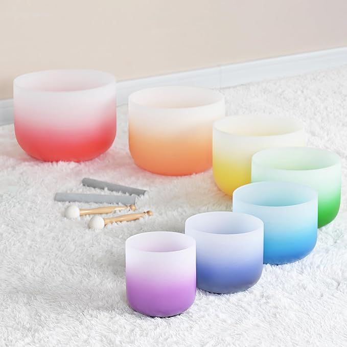 432HZ 7PCS Set Of 6-12 Inch Aria Gradient Design Frosted Quartz Crystal Singing Bowls With 2 PCS Travel Carry Case Bag. - Bloomnest