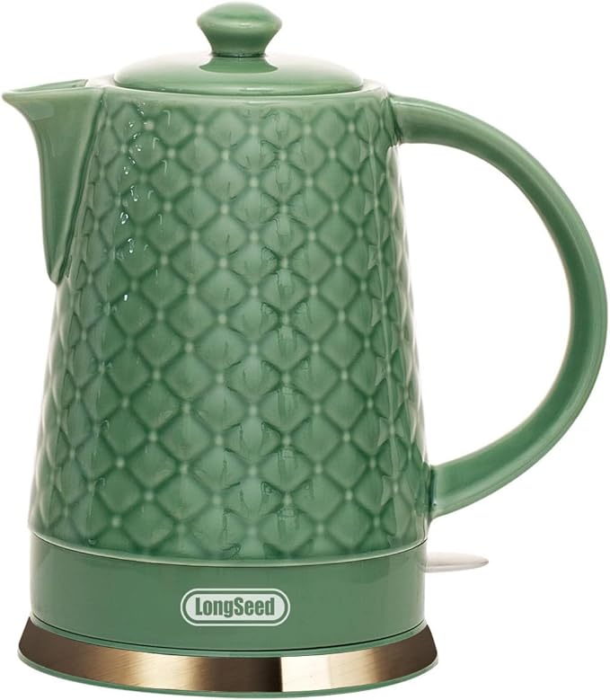 Ceramic Electric Kettle, 1.5L/1200W Boil Water Quickly and Easily with Boil-Dry Protection Auto Shut Off, Detachable Swivel Base, Green Relief Carving - Bloomnest