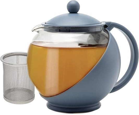 Primula Half Moon Teapot with Removable Infuser, Glass Tea Maker with Reusable Fine Mesh Stainless Steel Filter, Dishwasher Safe, 40-Ounce, Blue