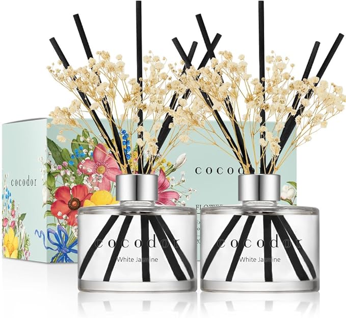 COCODOR Preserved Flower Reed Diffuser/White Jasmine/6.7oz/2Pack / Home Fragrance Scent Essential Oil Stick Diffuser for Bedroom Bathroom Home Decor - Bloomnest
