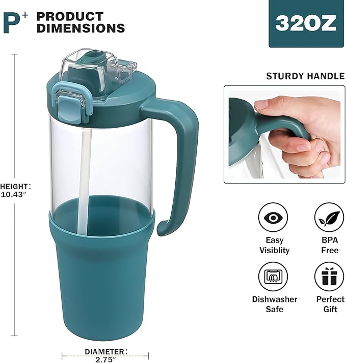 32 oz Glass Tumbler with Handle, 2-in-1 Straw and Sip Spout, Leakproof, BPA-Free Glass Water Bottle for Sports, Office, School, Peacock Blue - Bloomnest
