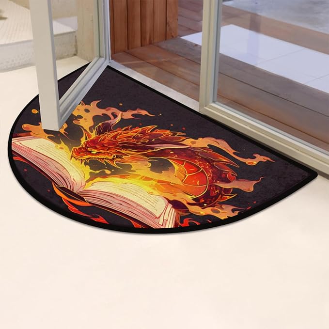 Half Round Door Mat, Magic Dragon Non-Slip Half Circle Area Rug Fiery Magic Book Doormat Washable Durable Home Decor Half Moon Rug for Floor Indoor Outdoor Living Room Bedroom Kitchen Patio - Bloomnest