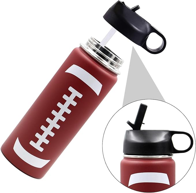 18 oz Football Water Bottle with Straw, Sports Flask Metal Travel Tumbler with 2 Lids, Stainless Steel Double Wall Vacuum Insulated Leak Proof Thermo Water Bottles, Football Gear Gifts for Boys Girls - Bloomnest