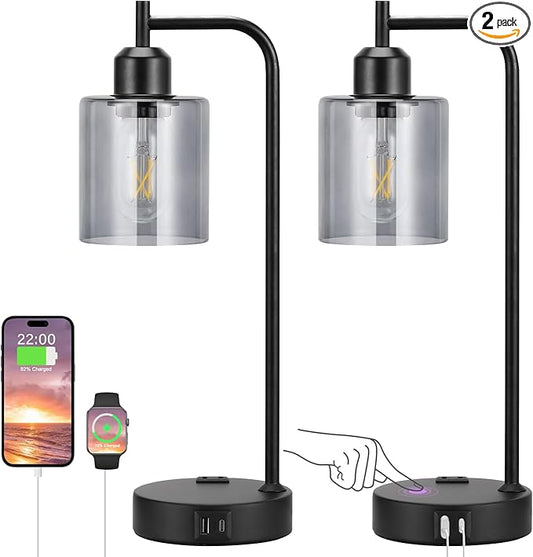 Innqoo Industrial Touch Bedroom Lamps for Bedrooms Set of 2-3-Way Dimmable Table Lamps with USB C+A Ports and Outlet, Bedside Lamps with Gray Glass Shade for Living Room, Desk Lamps for Home Office - Bloomnest
