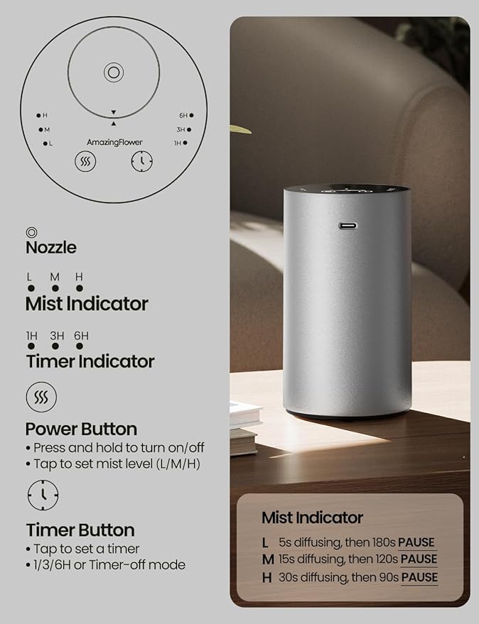 Waterless Essential Oil Diffuser, Rechargeable Scent Diffusers with 3 Mist Levels & Timers, Portable Aromatherapy Diffuser for Home Car Room Studio Office, Silver Metal - Bloomnest