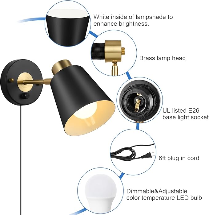 Wall Sconce Plug in, Remote Control Dimmable Wall Sconces and Adjustable Color Temperature 2700K-6000K Wall Lights with Plug in Cord, Wall Mounted Light for Bedroom Bedside(2 Pack, 2 Bulbs) - Bloomnest