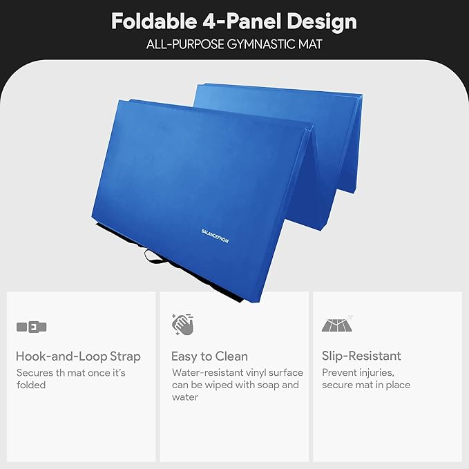 BalanceFrom 10x4 Feet 4-Panel Folding Gymnastics Mat – 2-Inch Thick Pad with Vinyl Surface and Carrying Handles for Tumbling, Yoga, Pilates, Home Workouts, and Martial Arts - Bloomnest