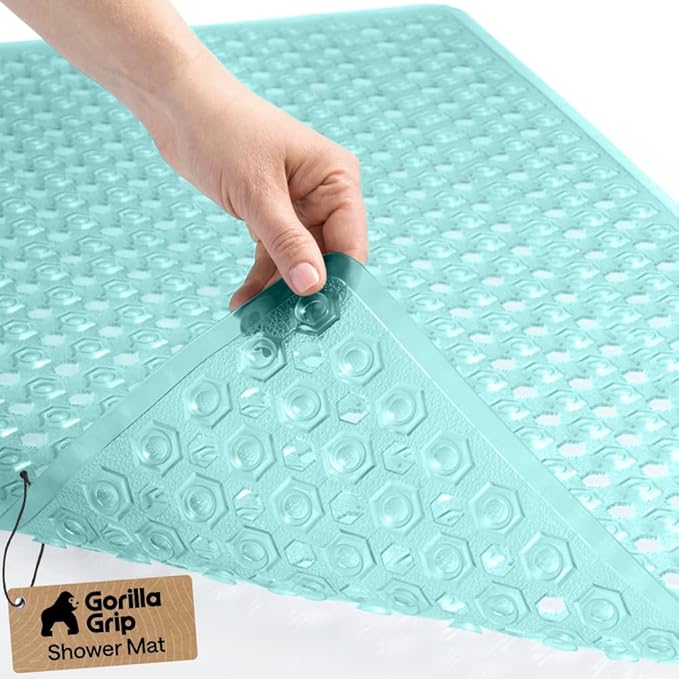 GORILLA GRIP Patented Bath Tub Shower Mat, Machine Washable Bathtub Floor Liner Mats, Suction Cups and Drain Holes to Keep Tubs Clean, Soft on Feet, Bathroom Essentials, 35x16 Inch, Clear Green - Bloomnest