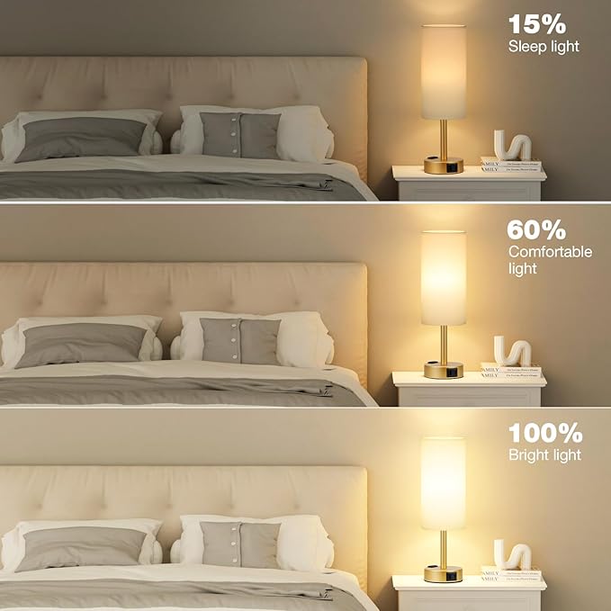 Fenmzee Gold Touch Lamp for Bedroom- 3 Way Dimmable Bedside Lamp USB C A Charging Ports and AC Outlet, Small Table Lamp White Linen Lampshade for Gift, LED Bulb Included - Bloomnest
