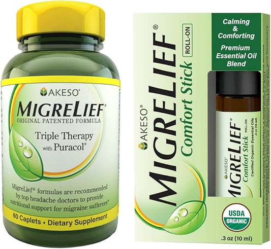 MigreLief Nutritional Support & Comfort Kit for Migraine Sufferers - MigreLief Original Daily Triple Therapy Formula, Plus MigreLief Comfort Stick Essential Oils Roll-On (10ml) - 1 Month Supply. - Bloomnest