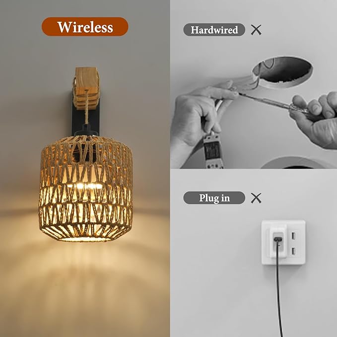Battery Operated Wall Sconce Set of Two, Rechargeable Rattan Wall Sconces with Remote RGB 15 Colors Dimmable, Farmhouse Boho Wall Lights for Bedroom Living Room Entryway - Bloomnest