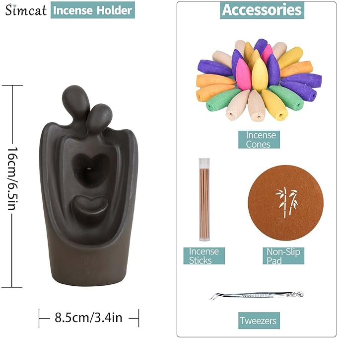 Simcat Backflow Incense Burner Handicraft Hugging Lovers Incense Waterfall Burner Ceramic Incense Holder Censer Romantic Home Decor +20 Backflow Incense Cones 30 Incense Sticks 1 Tweezer 1 Mat - Bloomnest