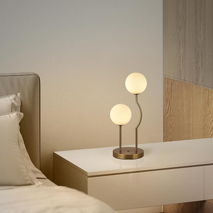 Mid Century Gold Globe Table Lamp 2-Light Orb Modern Beside Desk Table Light with Milk White Glass Shade Metal Base Nightstand Lamp for Bedroom Bedside - Bloomnest