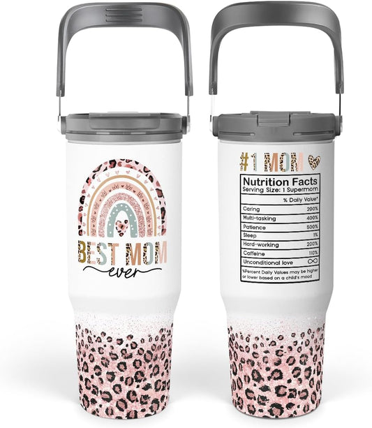 Mom Tumbler 30oz, Best Mom Ever Tumbler Stainless Steel Insulated Coffee Travel Mug with Handle & Flip Straw Lid, Gifts for Mommy, Presents for Mom for Christmas Birthday Mothers Day Valentines