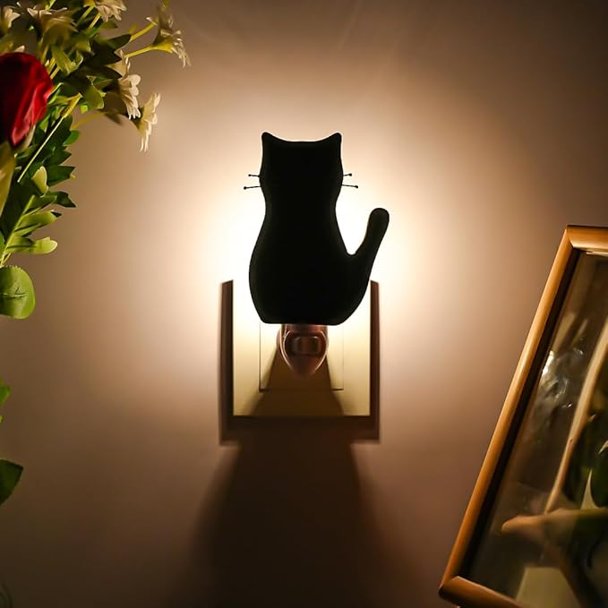 BOXCASA Black Cat Night Light,Stained Glass Cat Night Light with Bulb,Warm Yellow Plug in Nights Lights Suitable for Bedroom Livingroom Hallway Kitchen Stairs Kids Room - Bloomnest