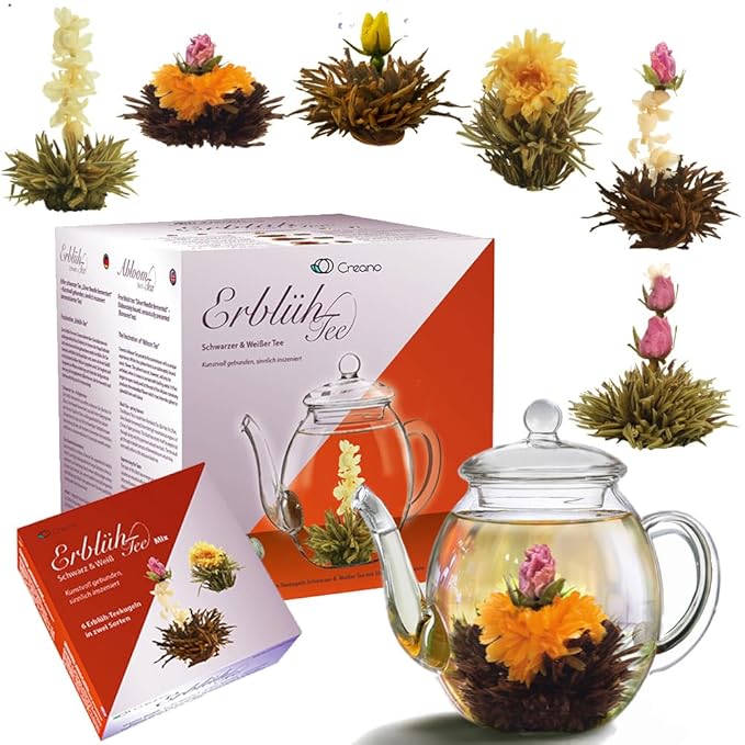 Creano Blooming Tea Gift Set with Glass Pot 17oz/500ml with 6 Flowering-Tea each 3pcs White & Black Tea - Bloomnest