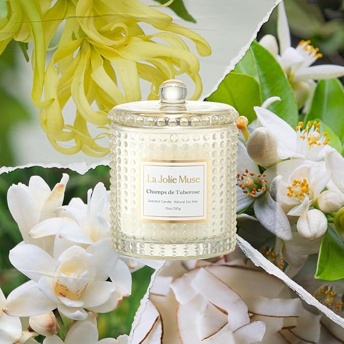 LA JOLIE MUSE Champs de Tuberose Scented Candle - Ylang, Tuberose, Orange Blossom | 10 oz Natural Soy Wax | 55 Hours Clean Burn | Floral Scented Candle | Gift-Ready for Hosts & Gatherings - Bloomnest