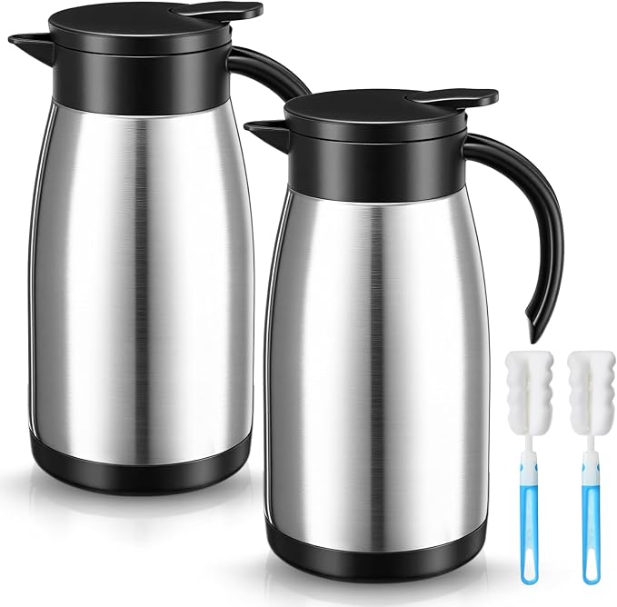 Norme 2 Pcs Thermal Coffee Carafe Insulated Stainless Steel Coffee Carafe for Hot Liquid Vacuum Thermal Pot Creamer Pitcher Dispenser with Brushes Keeping Hot Water Milk (Silver,34 oz) - Bloomnest