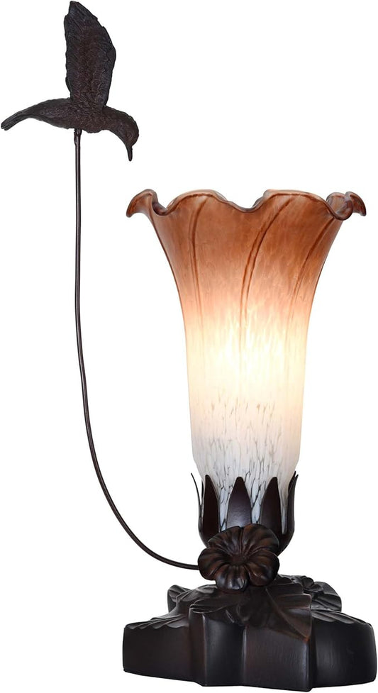 Bieye LL09 Hummingbird Flying Over Lily Flower Blown Glass Table Lamp for Home Decor (White Brown, 4.25Wx12H)