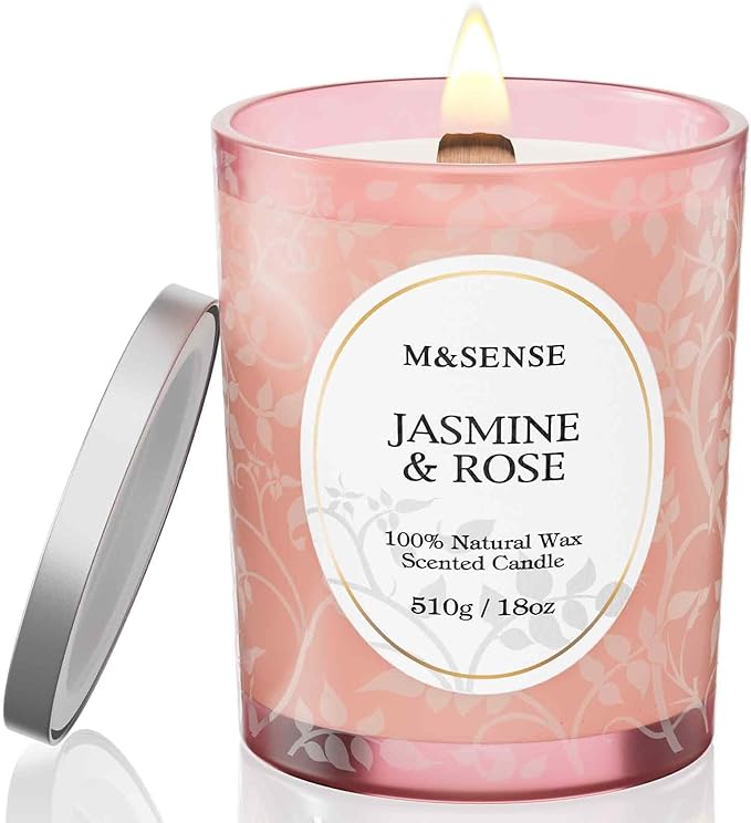 M&SENSE Jasmine Rose Candle, Cracking Wooden Wick Soy Wax, 18oz 100 Hours Long Lasting Clean Burn, Large Jar Candles for Home Scented, Non-Toxic Relaxing Aromatherapy Gifts for Women - Bloomnest